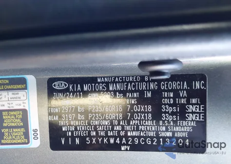 2012 Kia Sorento Sx V6 from USA, damaged, VIN 5XYKW4A29CG213204